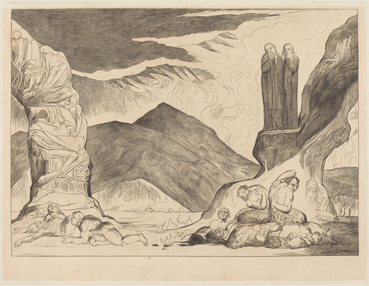 O Círculo dos Falsificadores: Dante e Virgílio a taparem-se o nariz por causa do cheiro de William Blake