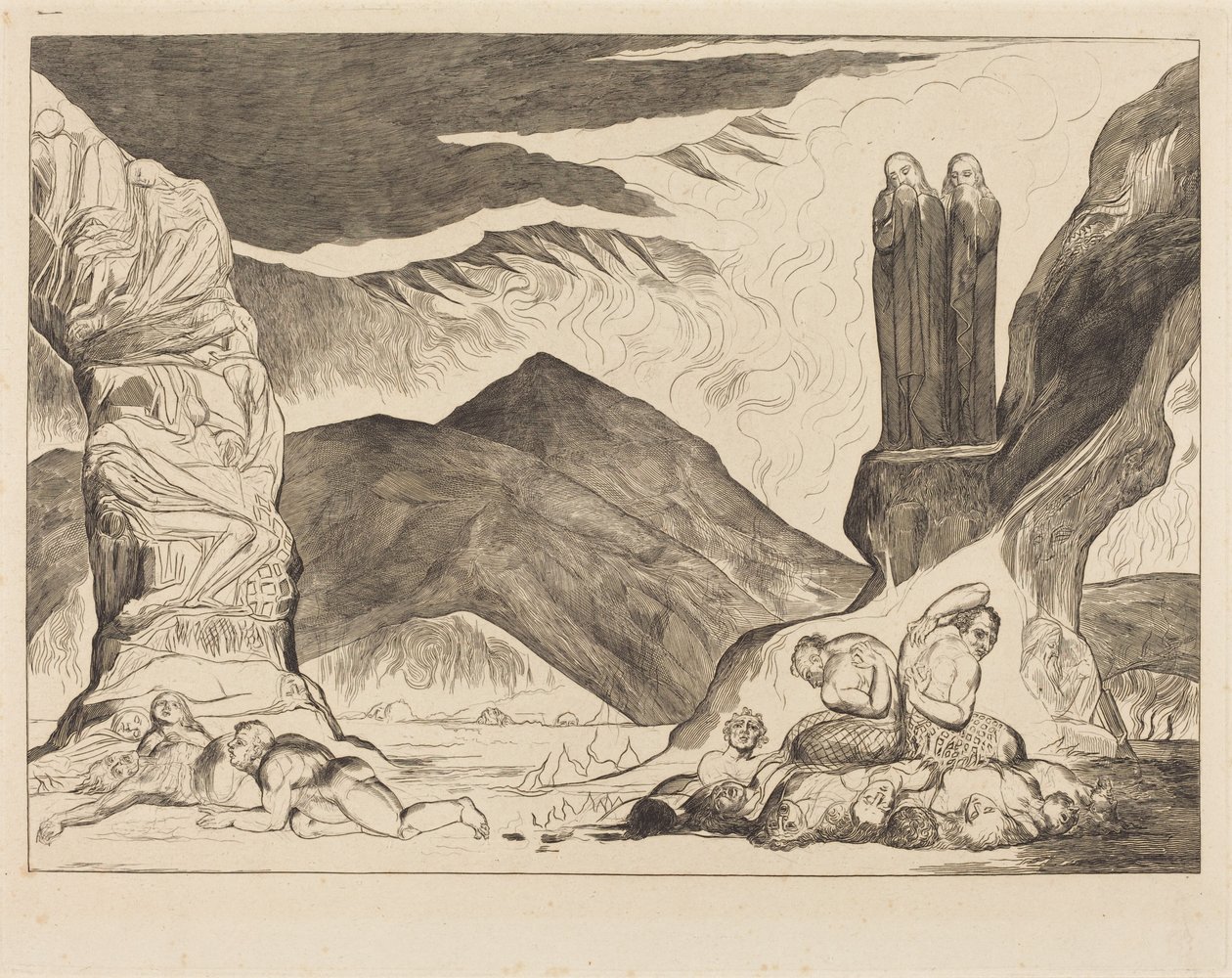 O círculo dos falsificadores: Dante e Virgílio tapam o nariz por causa do fedor de William Blake