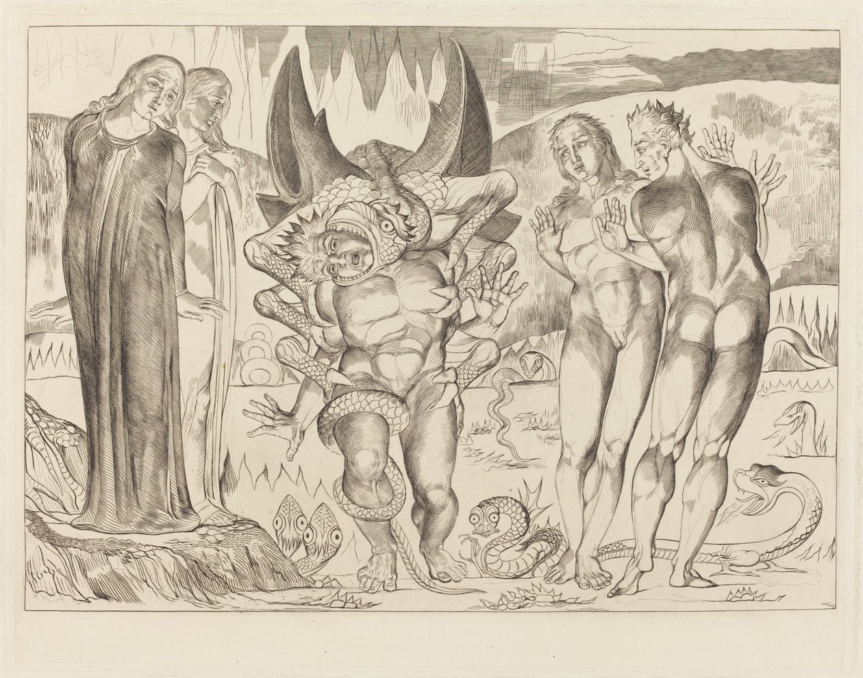 O Círculo dos Ladrões; Agnolo Brunelleschi atacado por uma serpente de seis pés de William Blake