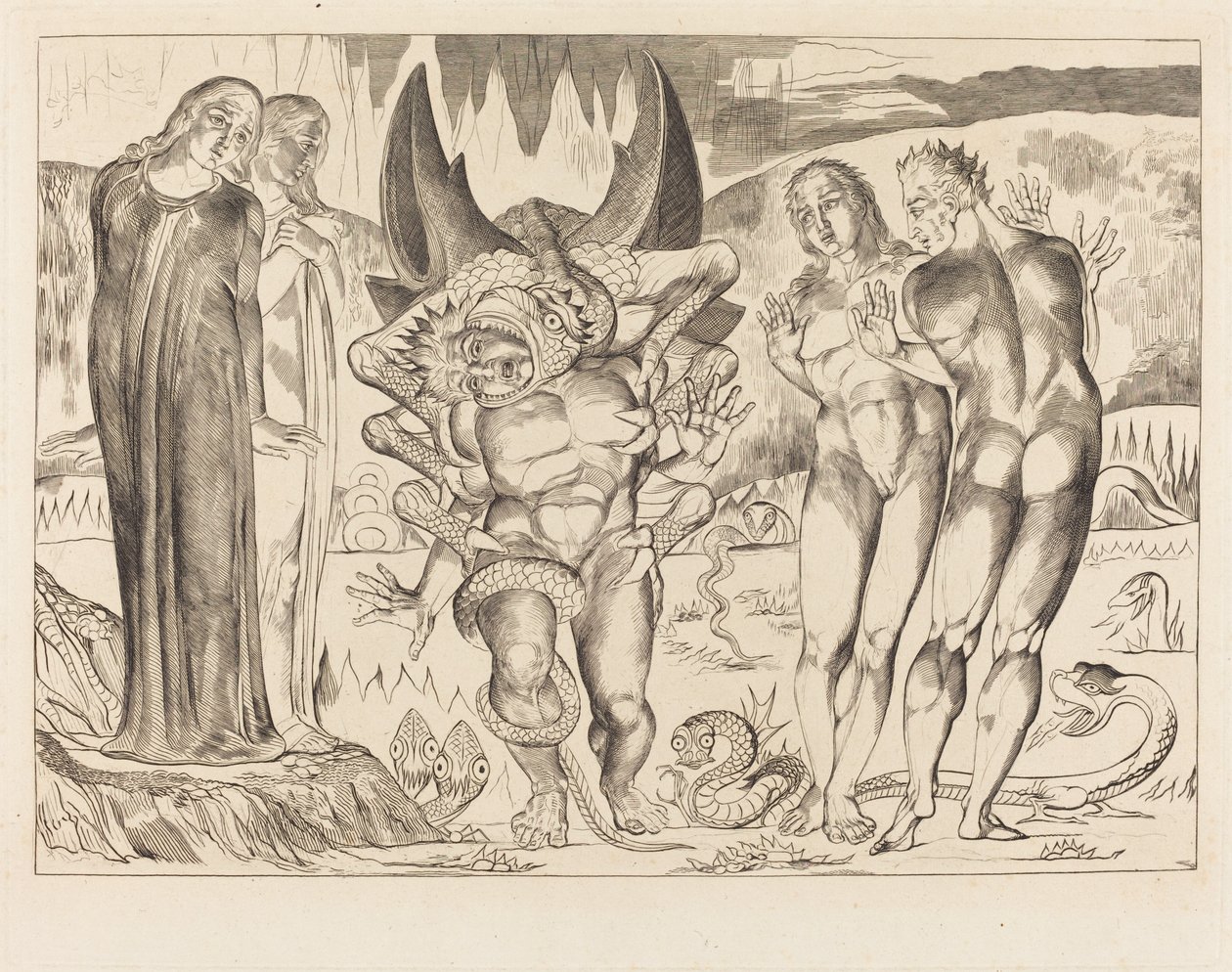 O Círculo dos Ladrões; Agnolo Brunelleschi atacado por uma serpente de seis pés de William Blake