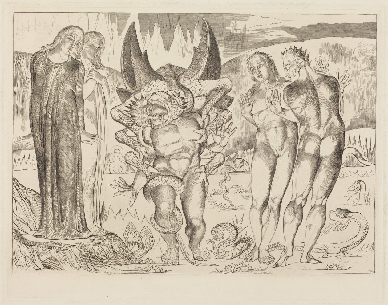 O círculo dos ladrões; Agnolo Brunelleschi atacado por uma serpente de seis patas de William Blake