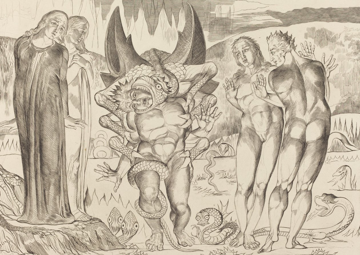 O Círculo dos Ladrões, Agnolo Brunelleschi Atacado por uma Serpente de Seis Pés, 1827. de William Blake