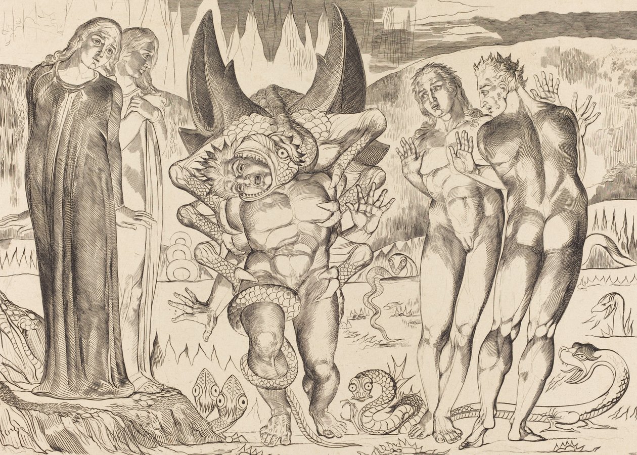 O Círculo dos Ladrões, Agnolo Brunelleschi Atacado por uma Serpente de Seis Pés, 1827. de William Blake