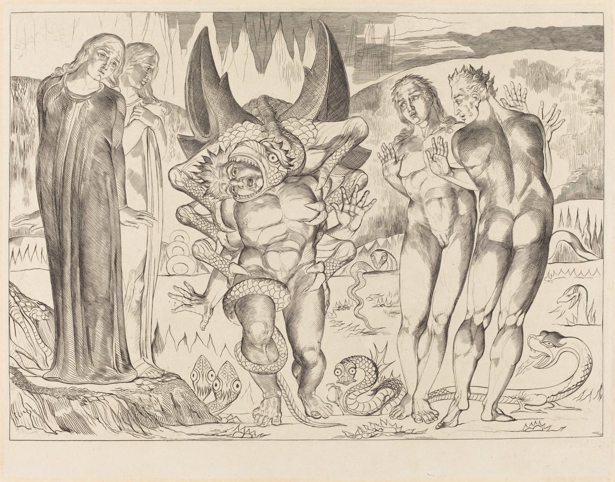 O Círculo dos Ladrões, Agnolo Brunelleschi Atacado por uma Serpente de Seis Pés, 1827. de William Blake