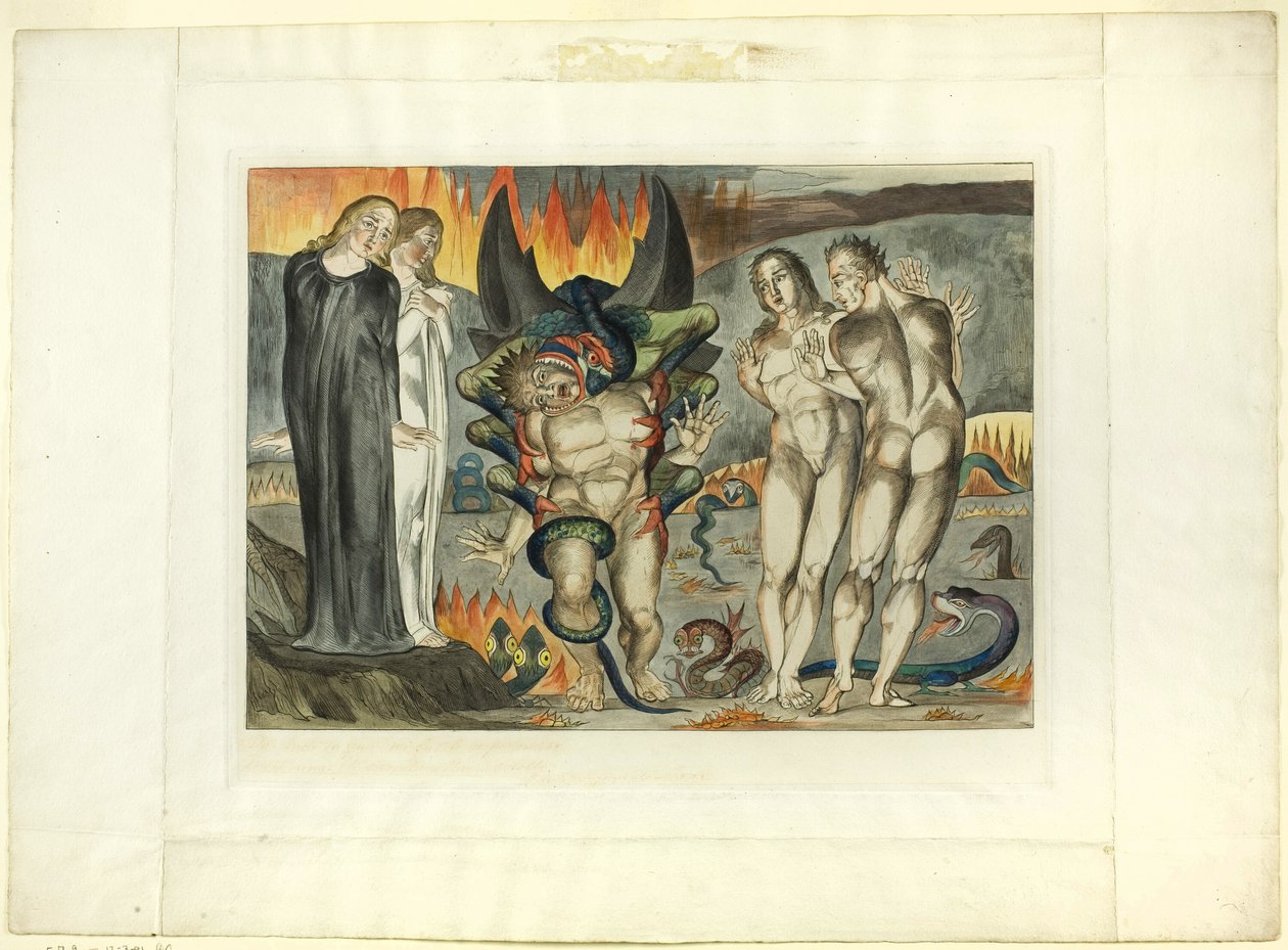 O Círculo dos Ladrões; Agnolo Brunelleschi Atacado por uma Serpente de Seis Pés. Inferno, canto XXV de William Blake