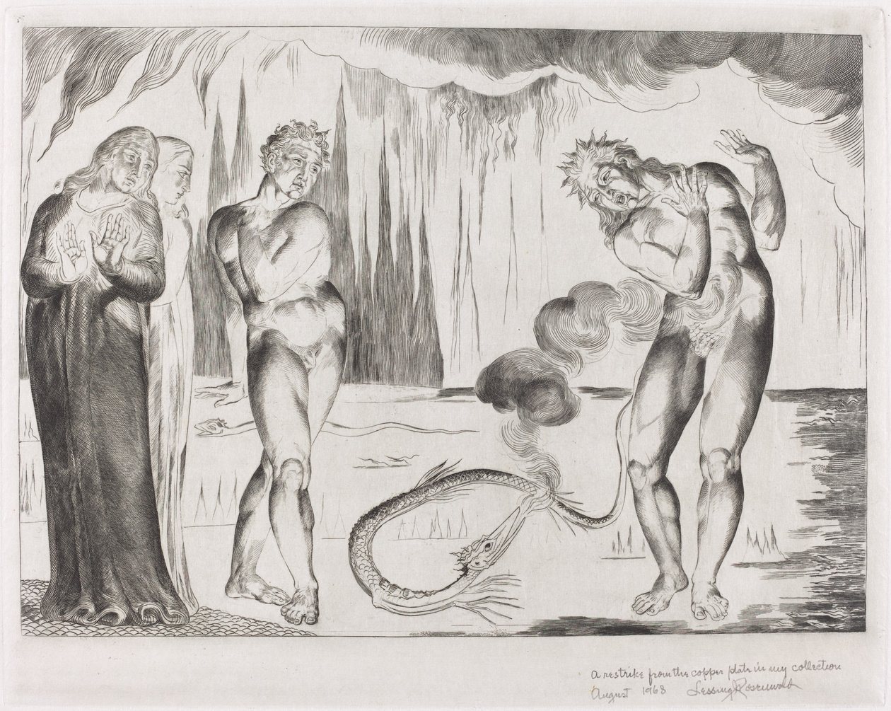 O Círculo dos Ladrões, Buoso Donati Atacado pela Serpente, 1827. de William Blake