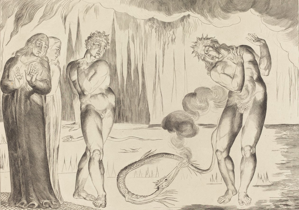 O Círculo dos Ladrões, Buoso Donati Atacado pela Serpente, 1827. de William Blake