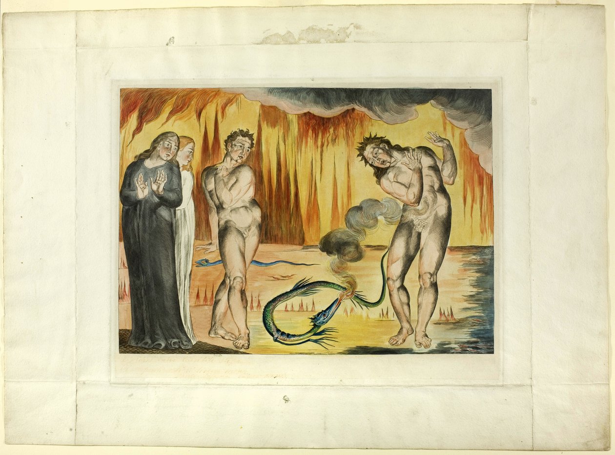 O Círculo dos Ladrões; Buoso Donati Atacado pela Serpente. Inferno, canto XXV de William Blake