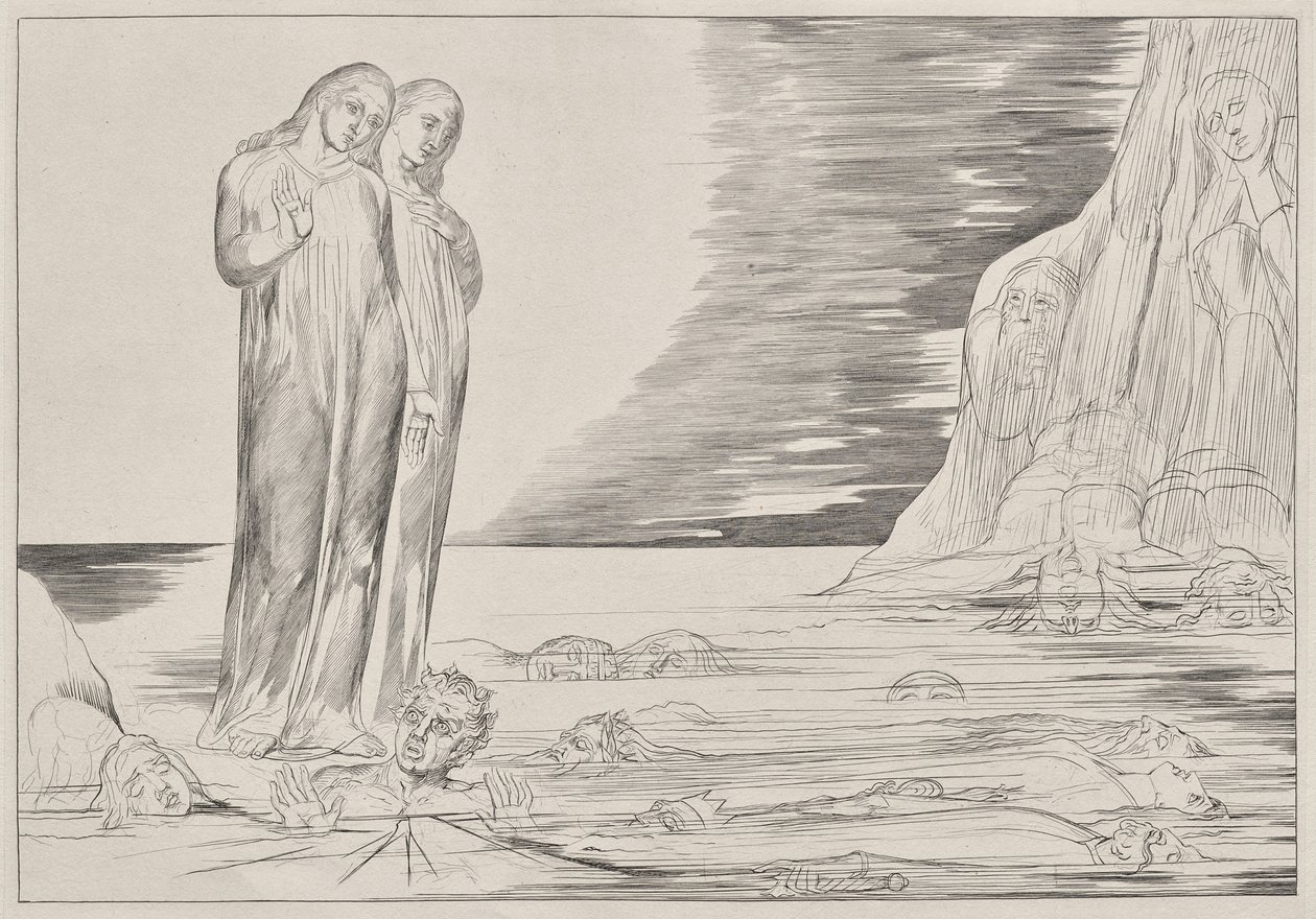 O Círculo dos Traidores: O Pé de Dante batendo Bocca degli Abbate, do Inferno de Dante, Canto XXXII Ilustração para A Divina Comédia de Dante de William Blake