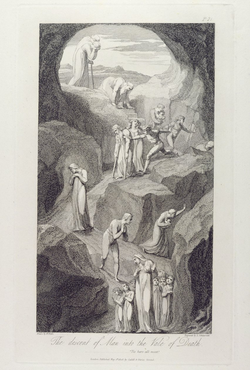 A Descida do Homem no Vale da Morte, pl.8, ilustração de "O Túmulo, Um Poema", de William Blake (1757-1827) gravado por Luigi Schiavonetti (1765-1810), 1808 de William Blake
