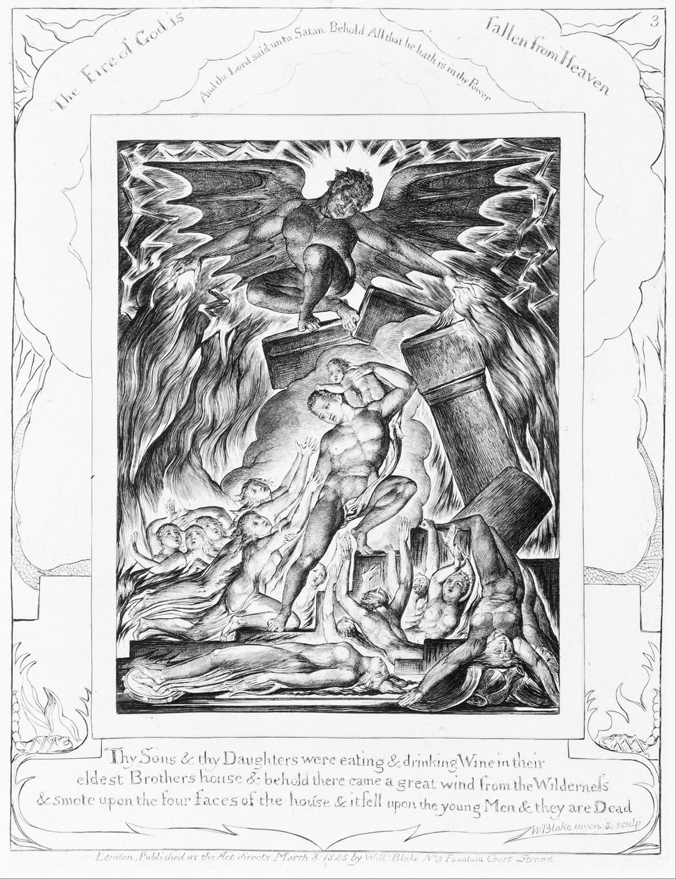 A Destruição dos filhos de Jó, gravura 3 das &39;Ilustrações do Livro de Jó&39; de William Blake