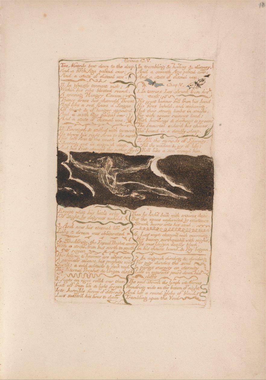 O primeiro livro de Urizen, Placa 16, Duas narinas curvadas para o fundo .... (Bentley 13) de William Blake