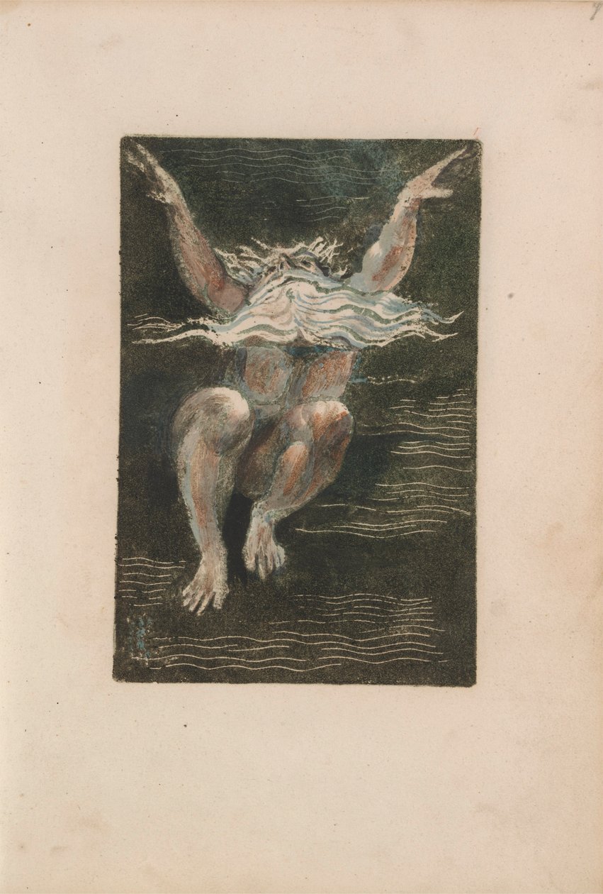 O Primeiro Livro de Urizen, pl.7 (Um homem nu com uma barba branca flutuante que parece estar subindo em águas profundas) 1794 (cor impressa relevo gravura com wc) de William Blake
