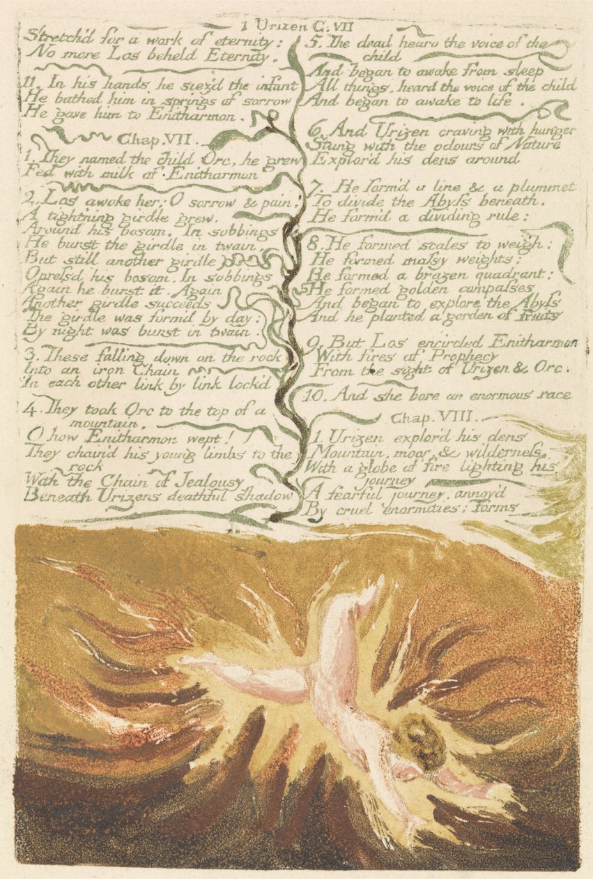 O Primeiro Livro de Urizen, prancha 19, &39;Estendido para uma obra de eternidade.&39; de William Blake