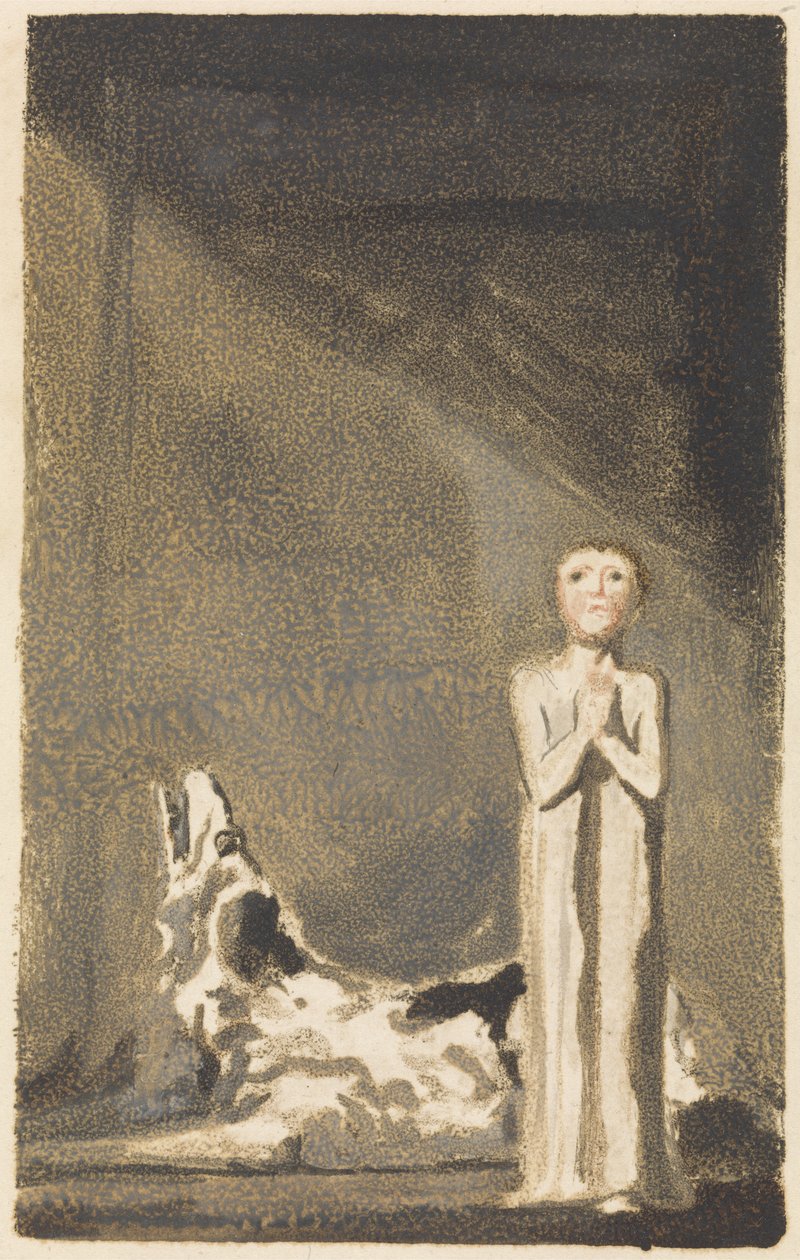 O Primeiro Livro de Urizen, prancha 24, Um menino em um vestido longo, de pé com as mãos postas à direita de um cachorro de William Blake