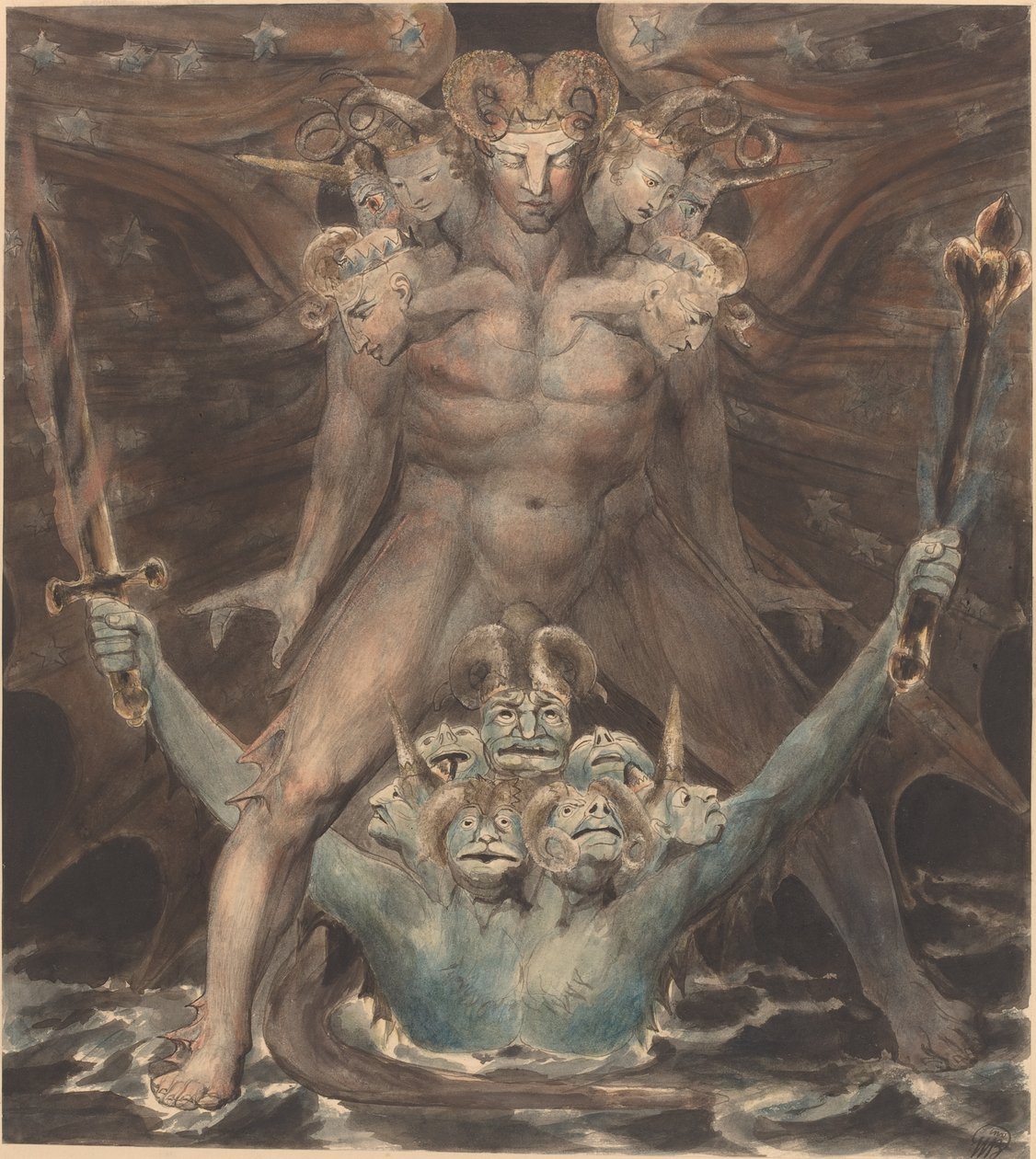 O Grande Dragão Vermelho e a Besta do Mar, c.1805 (caneta e tinta com aquarela sobre papel) de William Blake