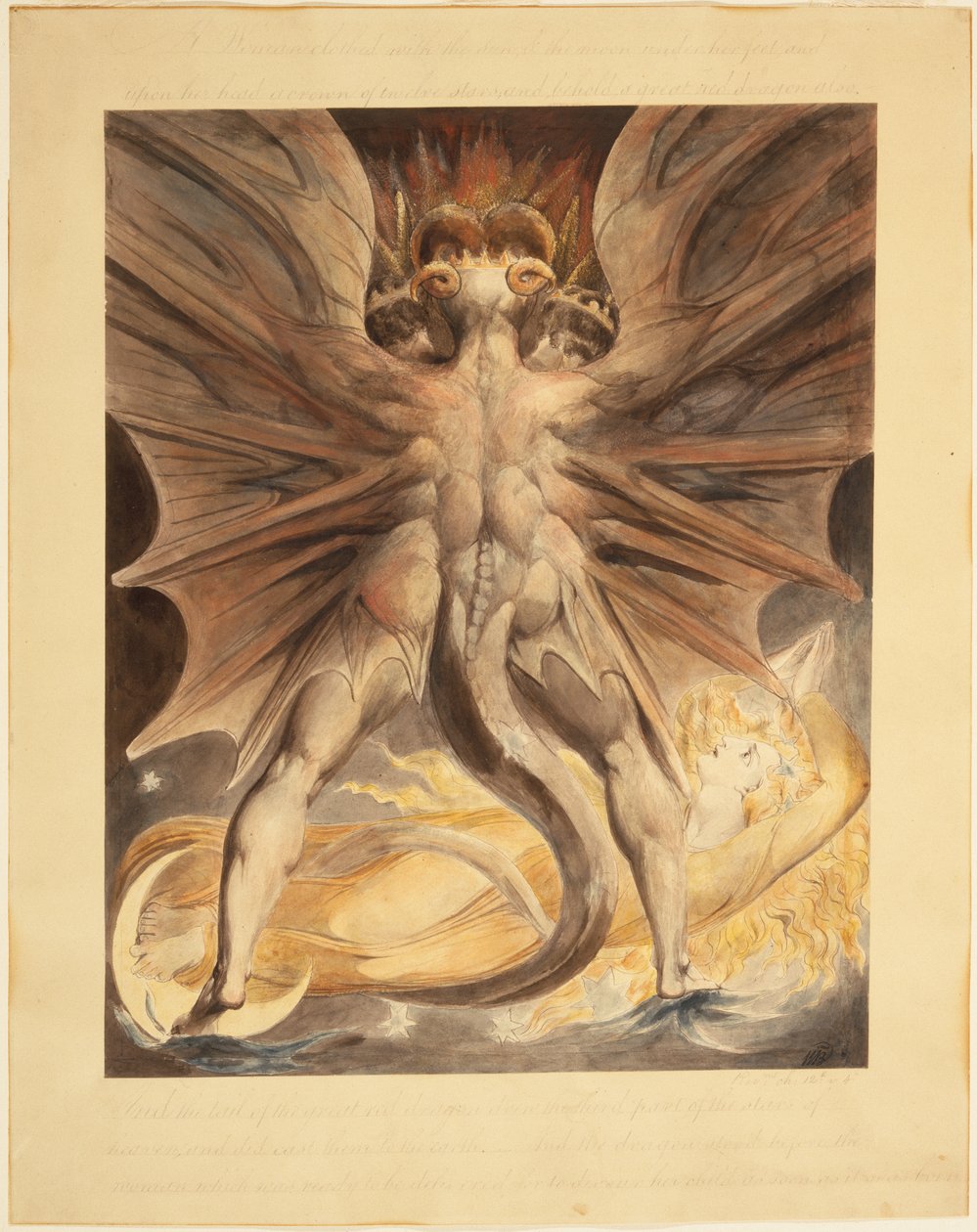 O Grande Dragão Vermelho e a Mulher Vestida de Sol (Apocalipse 12: 1-4), c.1803-05 (tinta preta e aquarela sobre traços de grafite e linhas incisas) de William Blake