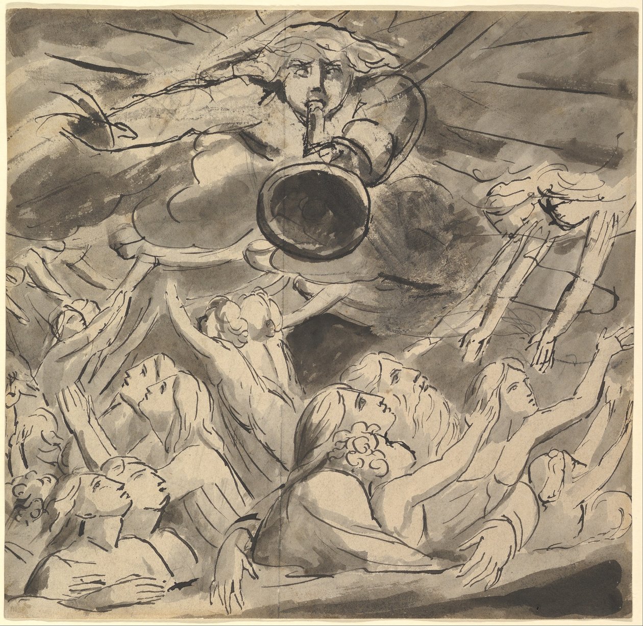 A última trombeta (recto); dois estudos de um olho direito, o perfil de um jovem de boca aberta, a cabeça de uma águia e a cabeça de um leão (verso) de William Blake