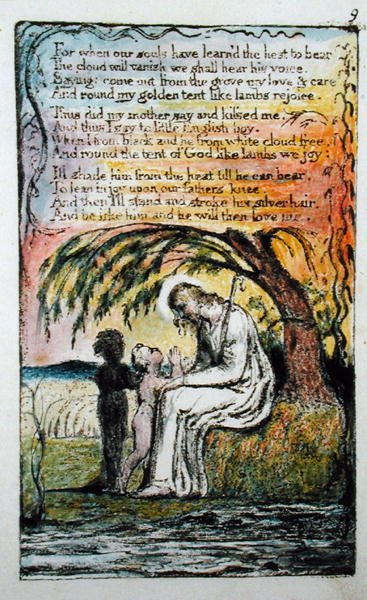 Prancha 9 de &39;The Little Black Boy&39; (Bentley 10) de &39;Songs of Innocence and of Experience&39; (Bentley Copy L) 1789-94 (gravura em relevo com caneta e aquarela) de William Blake