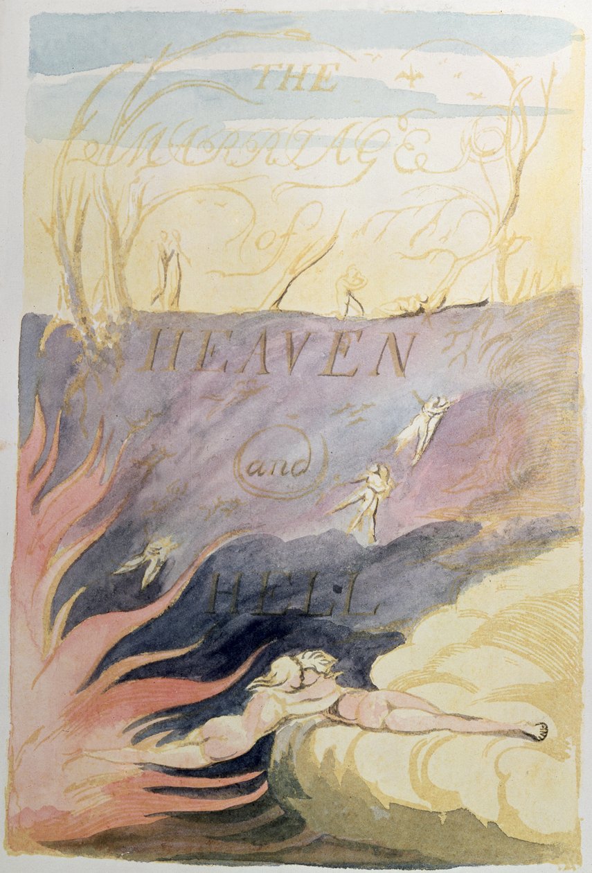 O casamento do céu e do inferno; página de rosto, 1790-93 (gravura em relevo colorido com wc) de William Blake