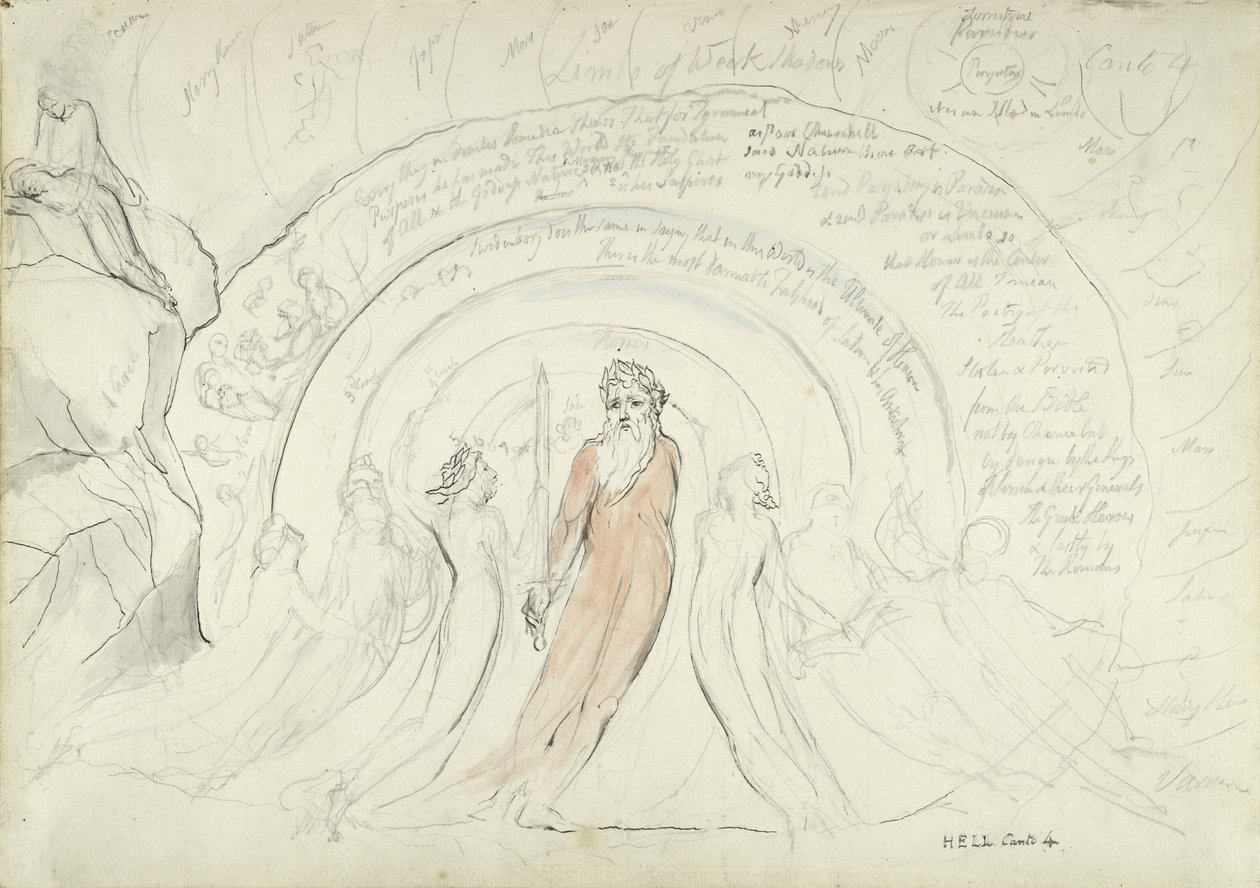 As Sombras de Homero e outros Poetas da Antiguidade, ilustração para a Divina Comédia de Dante Alighieri, 1824-27 (caneta e tinta com wc sobre lápis e giz sobre papel) de William Blake