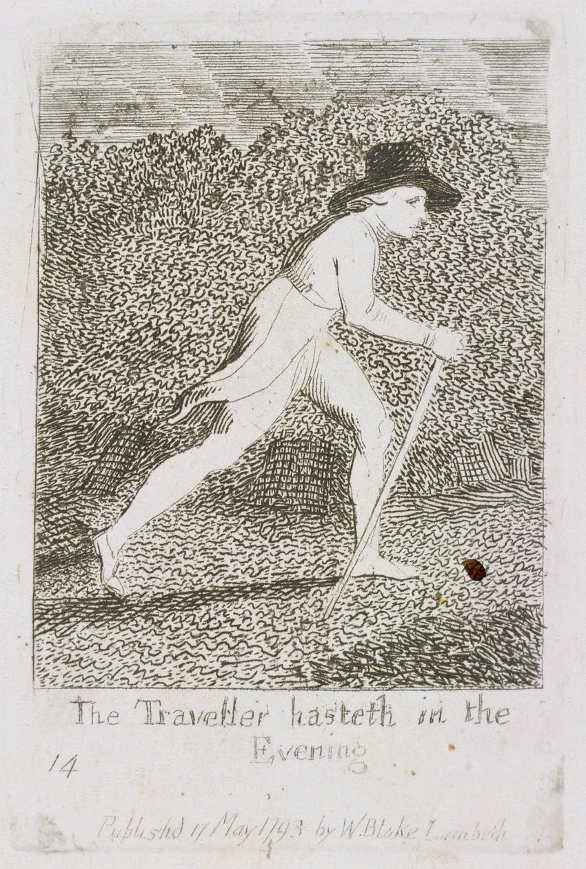 The Traveler Hasteth à noite, prato 15 de &39;Para crianças. As portas do paraíso &39;, 1793 de William Blake
