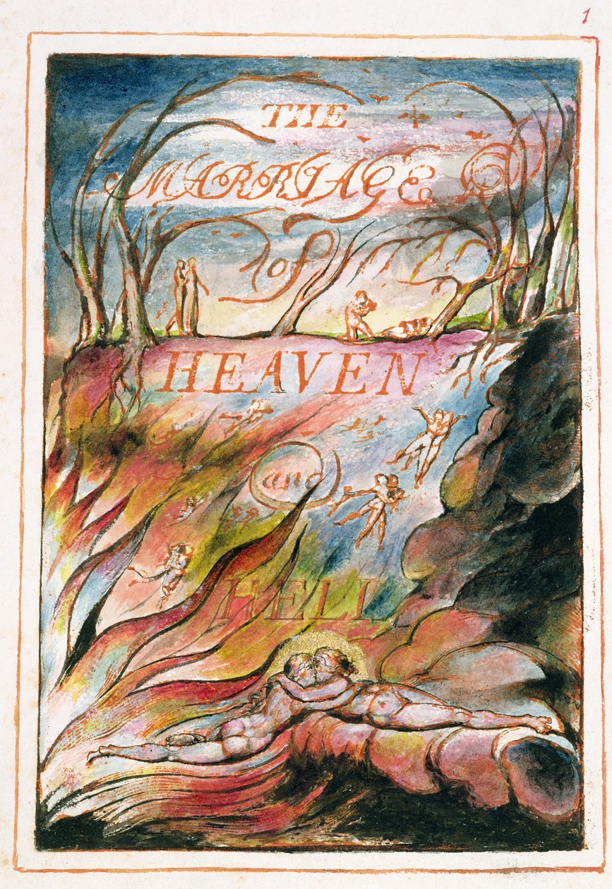 Página de rosto para &39;O Casamento do Céu e do Inferno&39;, 1790-3 (gravura em relevo terminada em caneta e wc) de William Blake