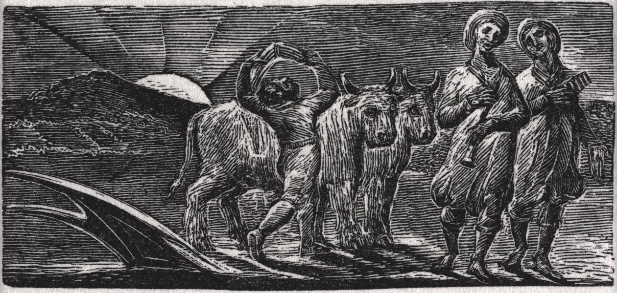 Com canções, os Jovial Hinds Return from Plough, ilustração de &39;The Pastorals of Virgil&39;, do Dr. Thornton de William Blake