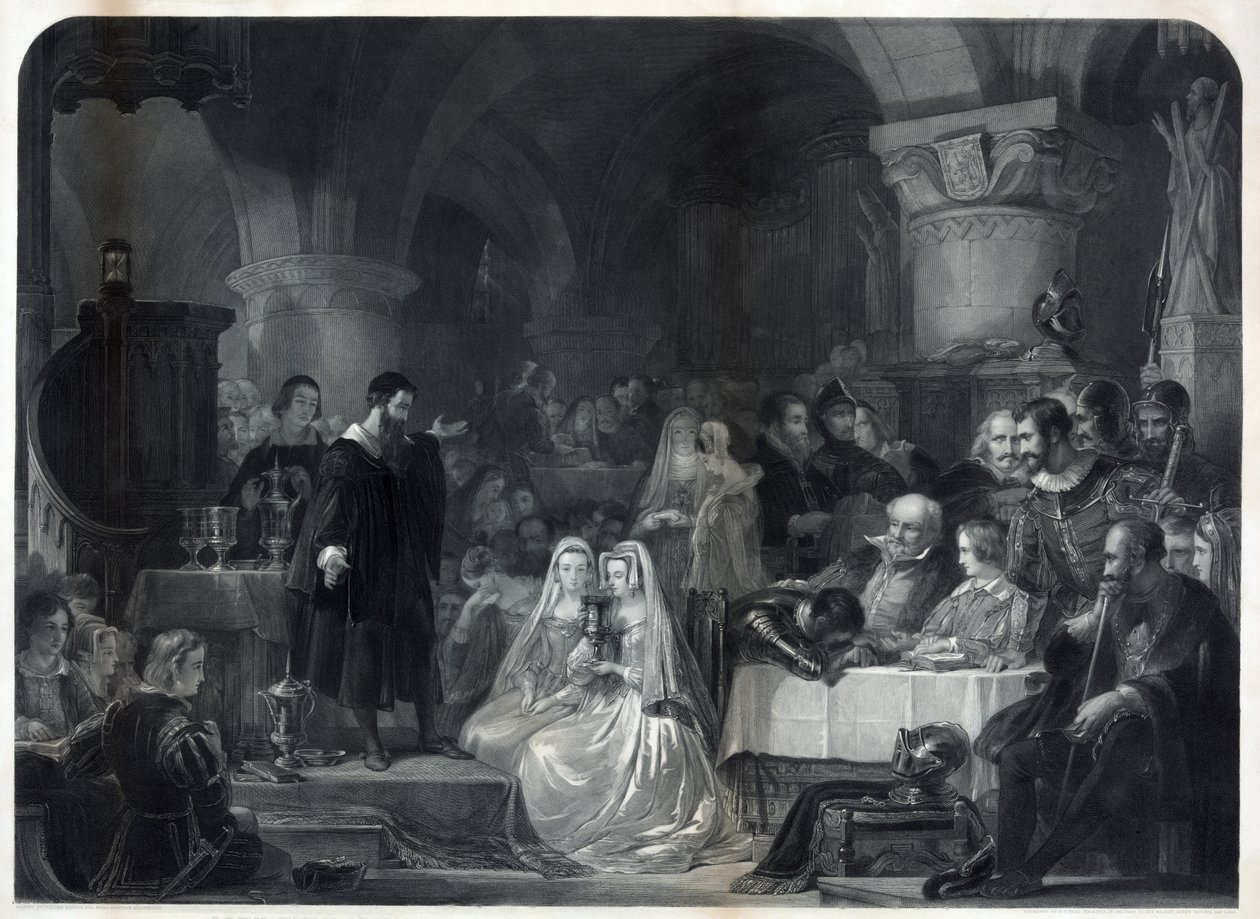 John Knox administrando a primeira Comunhão Protestante, pub. 1849 de William Bonner
