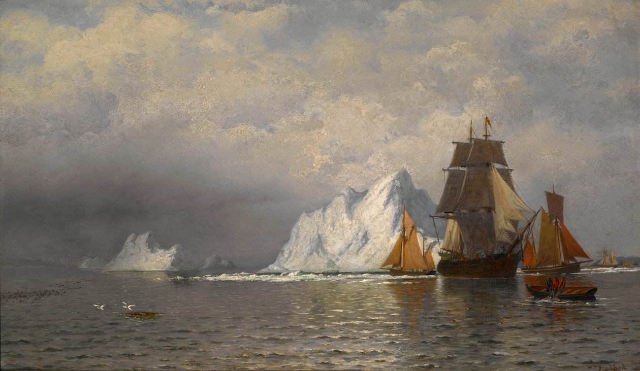 Baleeiro e embarcações de pesca perto da costa do Labrador de William Bradford