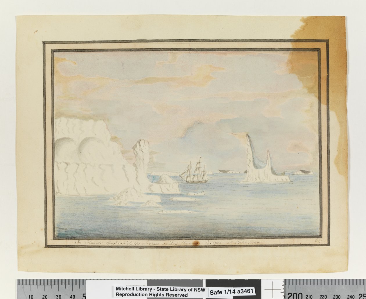 Em frente, p. 150. Ilhas Gelo que o Sirius navegou em 14 de dezembro de 1788 ao largo do Cabo Horn