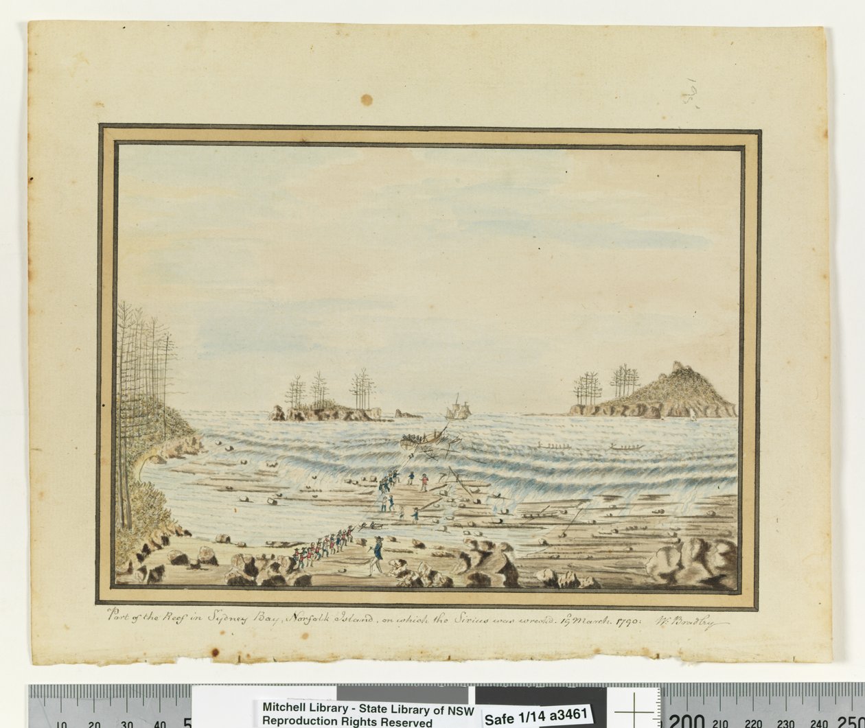 Em frente, p. 195. "Parte do recife na baía de Sydney, Ilha Norfolk, na qual o Sirius foi naufragado. 19 de março de 1790