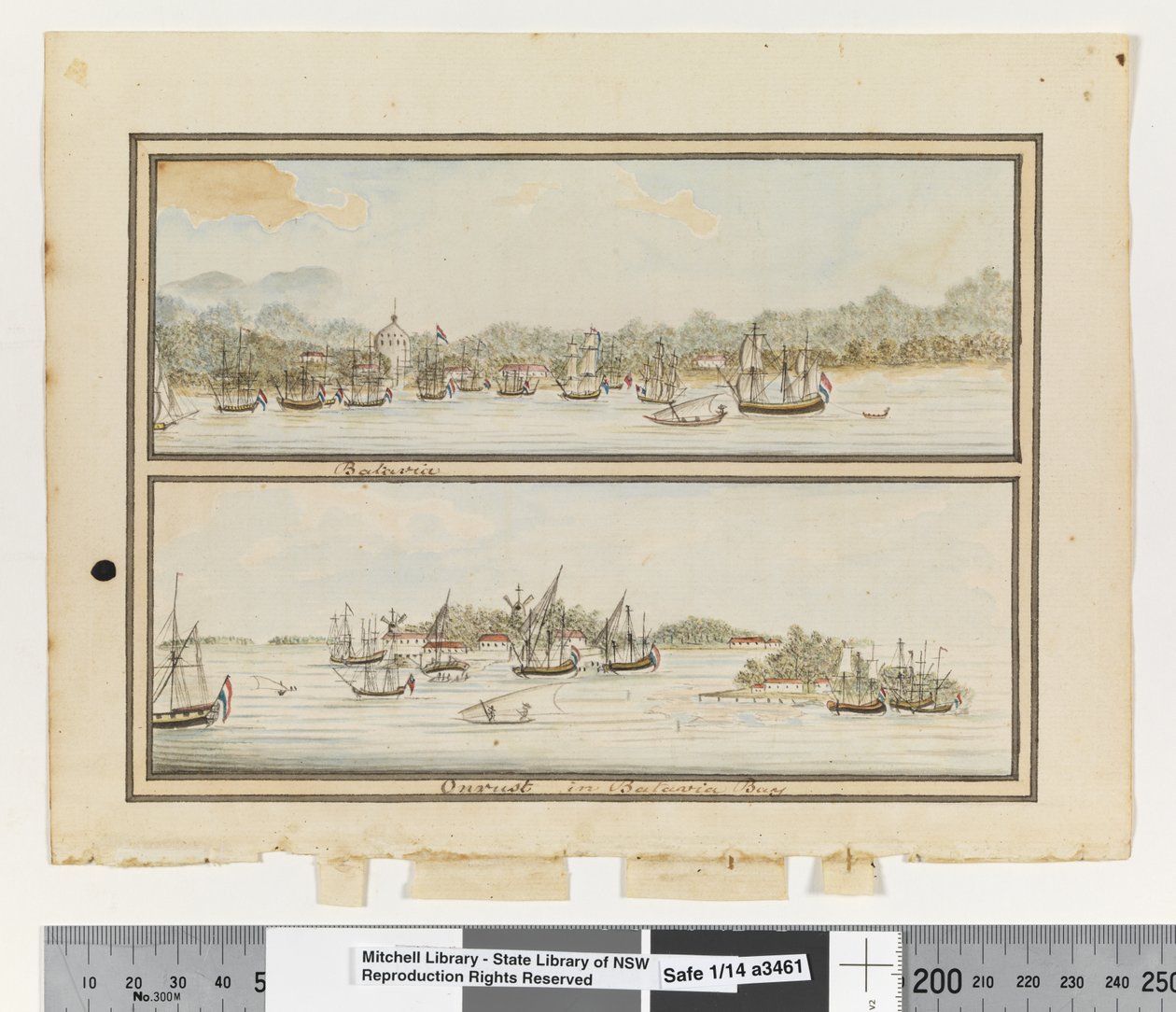 Em frente, p. 292. Batávia e Ferrugem na Baía de Batávia, c.1802 (aguarela). de William Bradley
