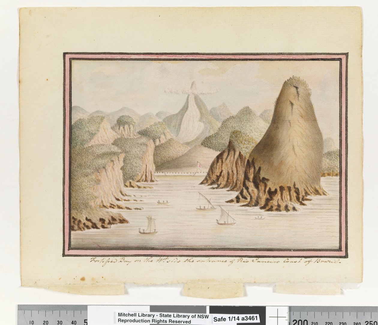 Em frente, p. 38. Baía fortificada no lado oeste da entrada da Costa do Rio de Janeiro, c.1802 (aquarela) de William Bradley