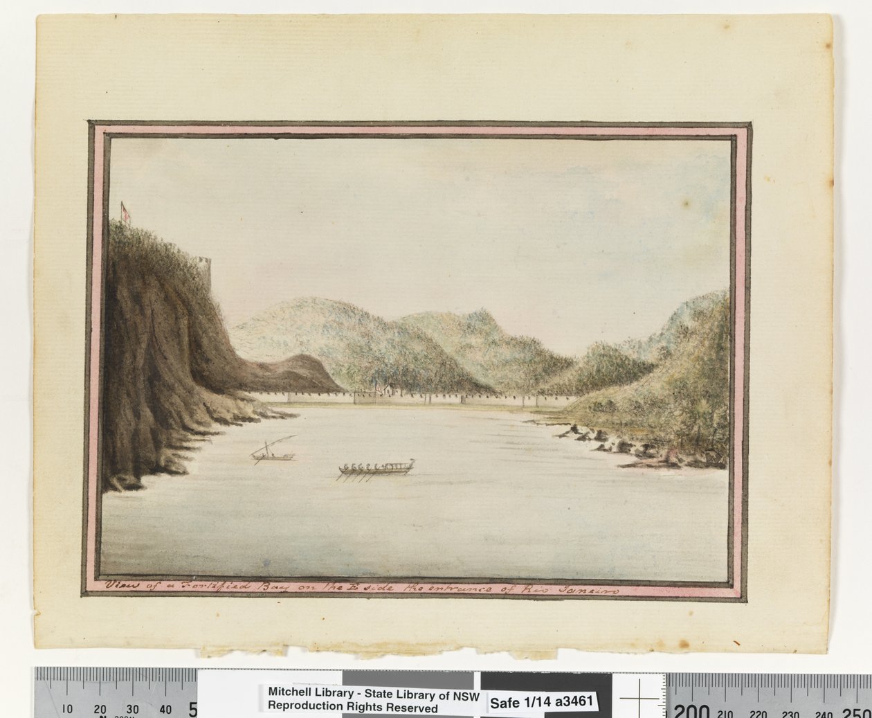 Em frente, p. 39. Vista de uma Baía Fortificada no lado E da entrada do Rio de Janeiro, c.1802 (aquarela) de William Bradley