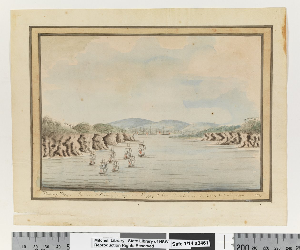 Em frente, p. 56. "Baía de Botany. Sirius & Convoy a entrar: Divisão de Abastecimento e Agentes na Baía. 21 Janry 1788