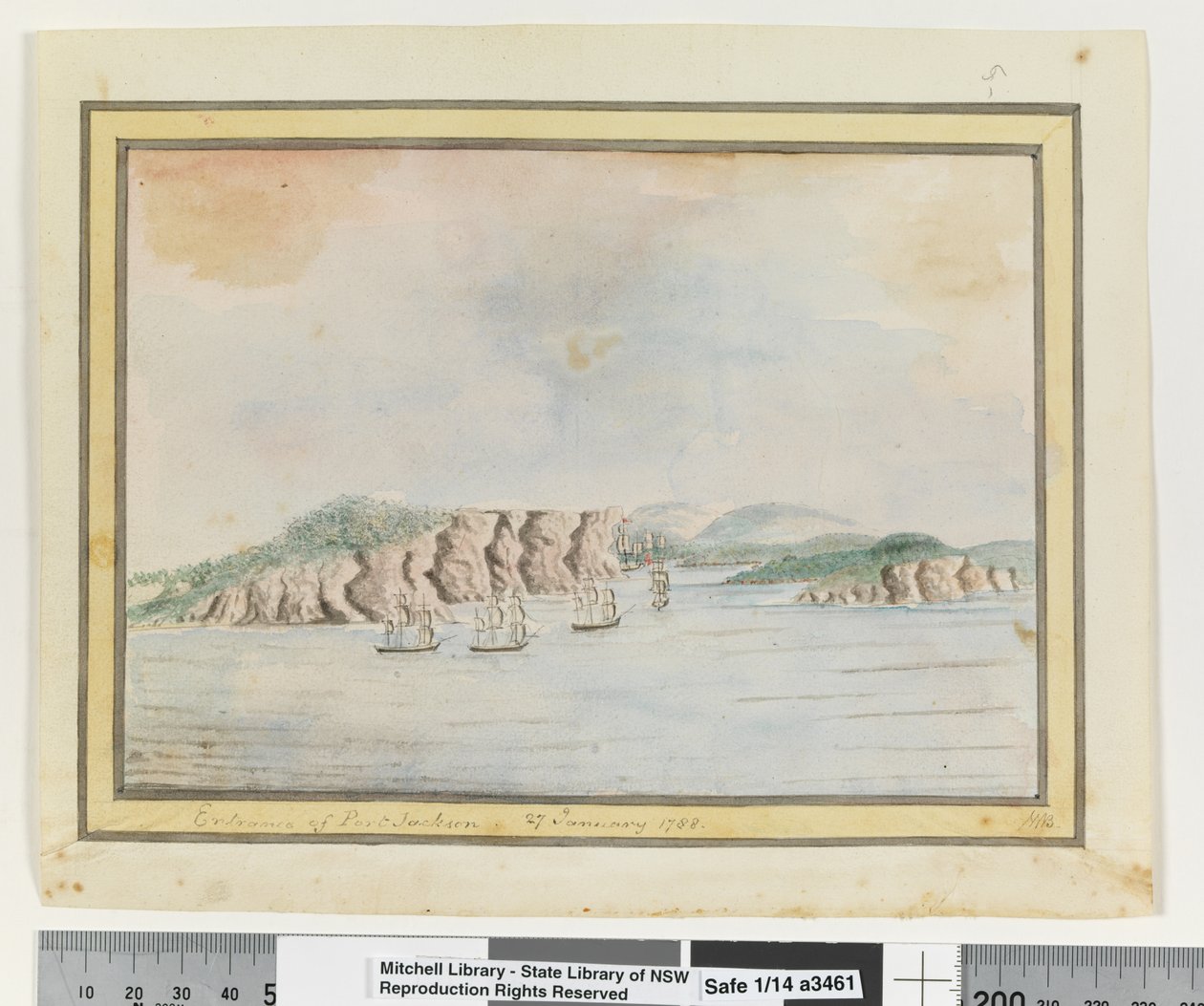 Em frente, p. 65. "Intância de Port Jackson 27 Janury 1788", c.1802 (aguarela) de William Bradley