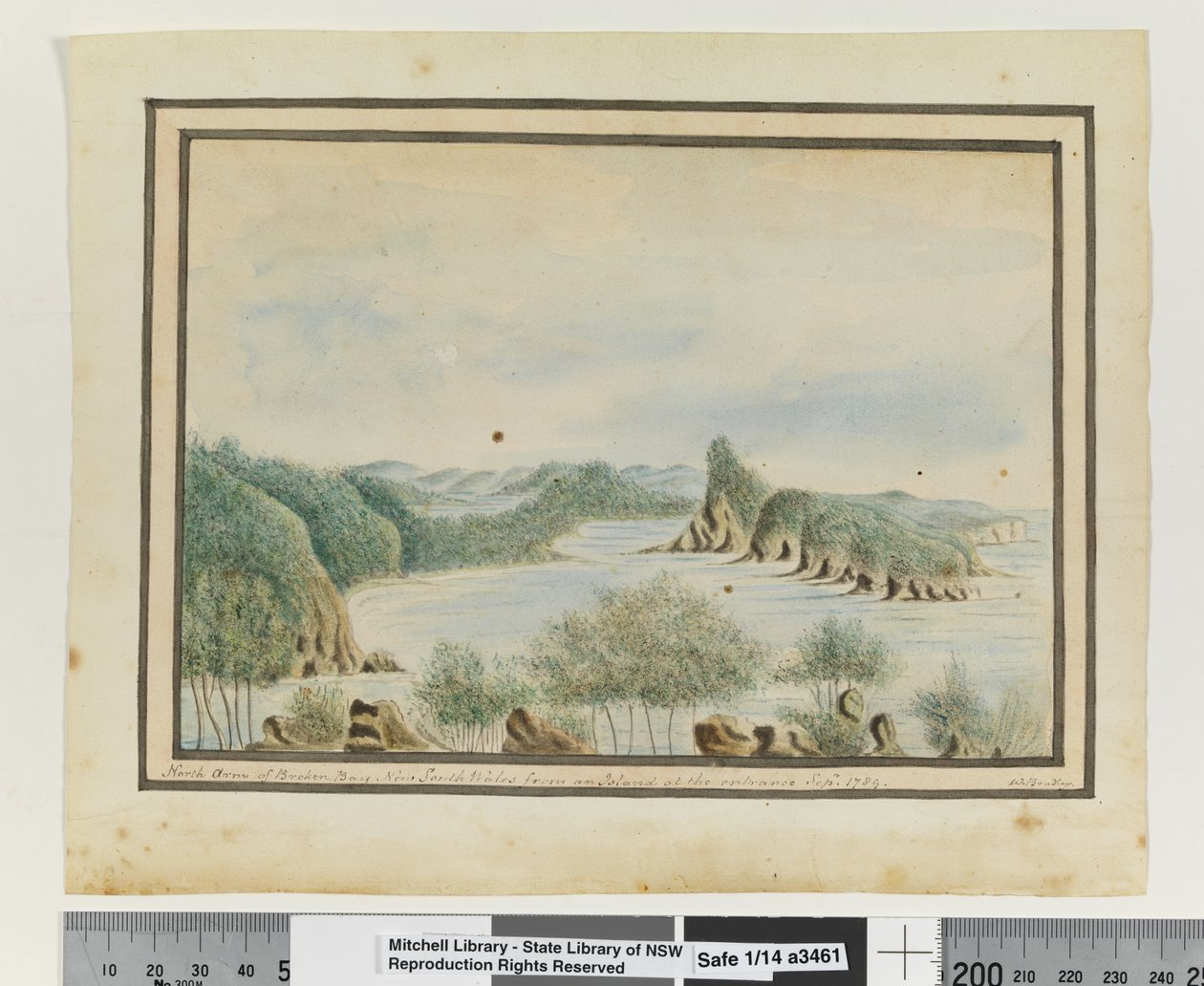 Em frente, p. 92. "Braço Norte de Broken Bay New South Wales from an Island at the entrance Sepr 1789", c.1802 (aguarela) de William Bradley