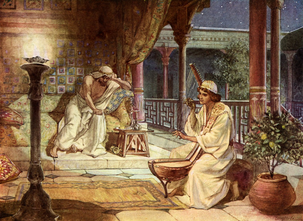 David tocando harpa para Saul - Bíblia de William Brassey Hole