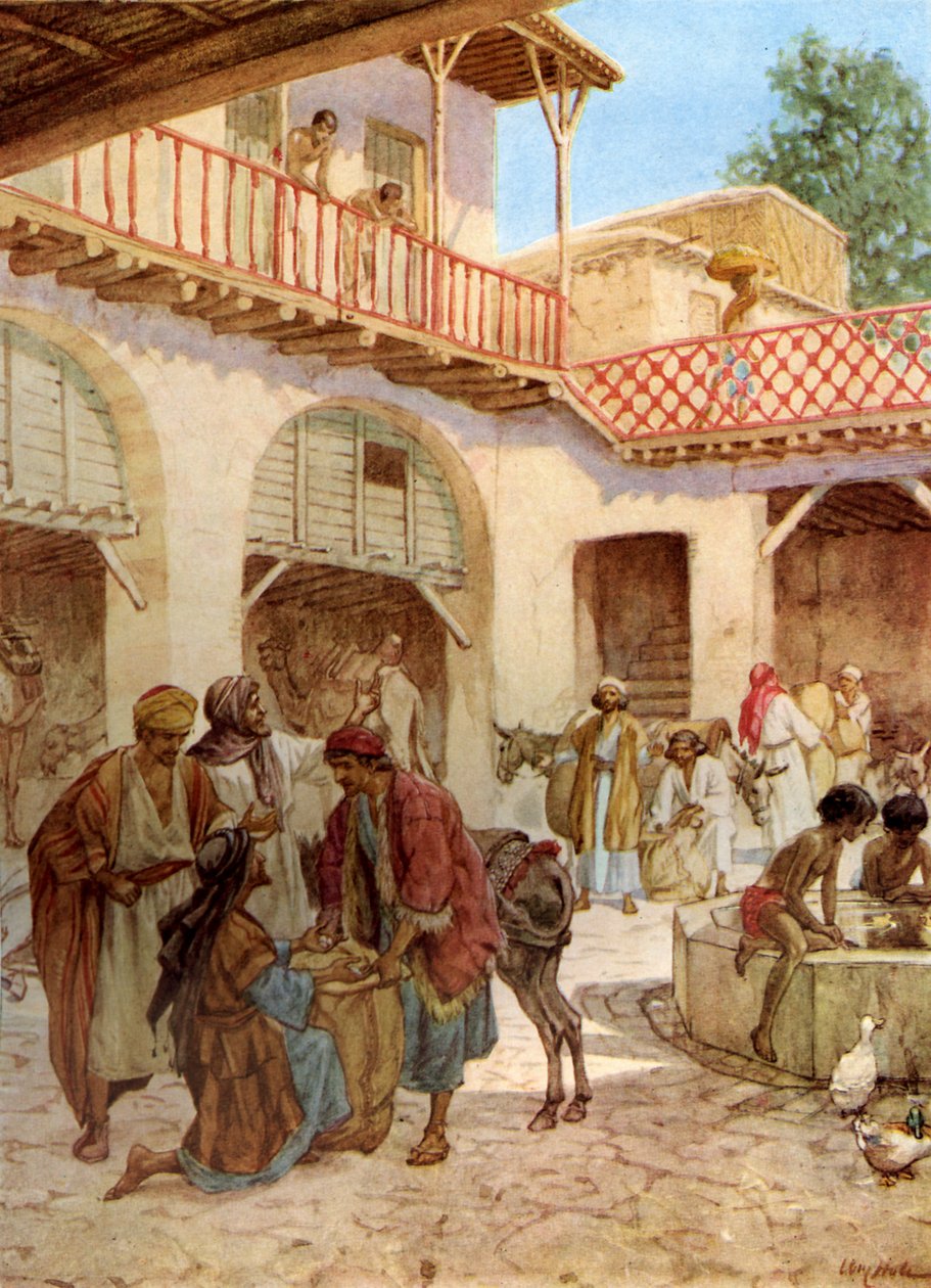 Os irmãos de Joseph na estalagem. O dinheiro de cada homem no seu saco. - Bíblia de William Brassey Hole