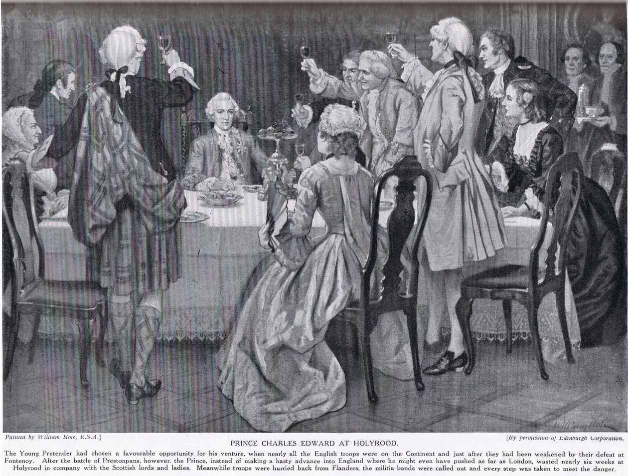 Príncipe Charles Edward em Holyrood, ilustração da "História da nação britânica" de Hutchinson, c.1923 de William Brassey Hole