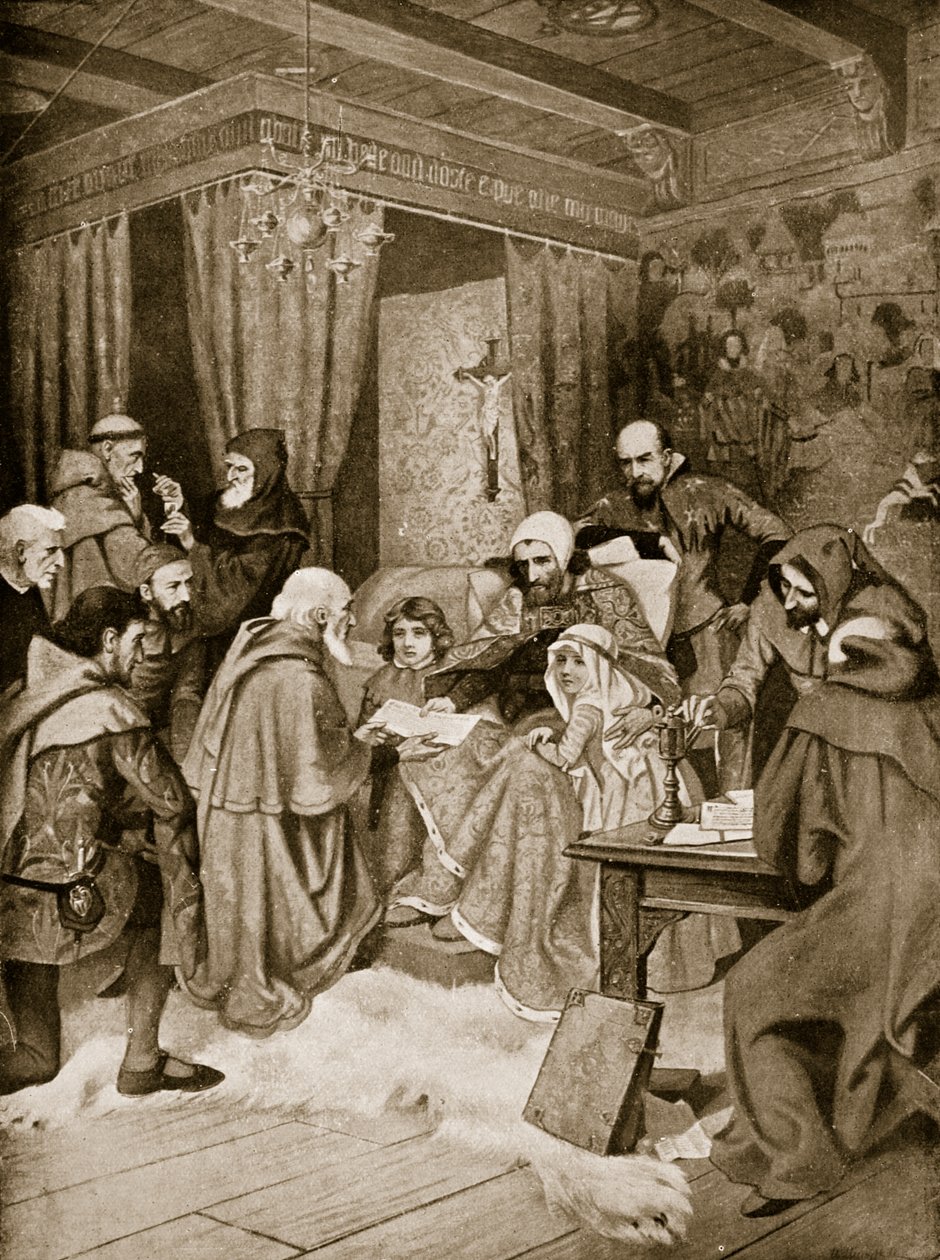 Robert Bruce conferindo uma Carta, 1329, ilustração da "Hutchinson&39;s Story ofthe British Nation", c.1920 de William Brassey Hole