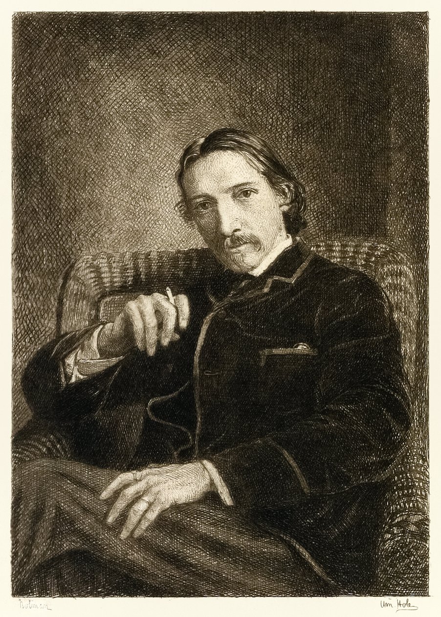 Robert Louis Stevenson (1850-1894) Autor britânico mais conhecido por seus livros best-seller Treasure Island, Kidnapped e Strange Case of Dr Jekyll e Mr Hyde. Ilustração de William Brassey Hole (1 de William Brassey Hole