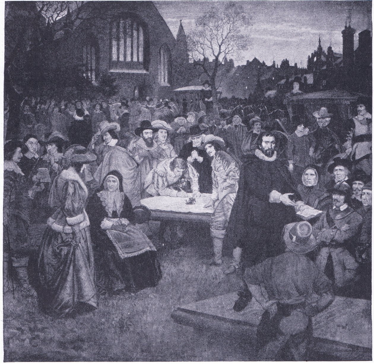 Assinatura do Pacto Nacional no Cemitério Greyfriars 1638, da História de Cassells do Povo Britânico publicado pela Waverley Book Company Limited, c.1940 de William Brassey Hole