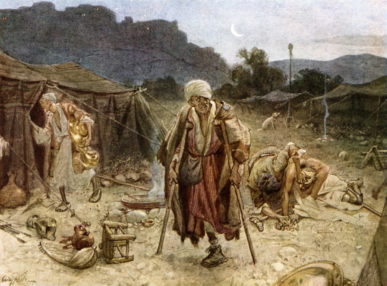 Os quatro leprosos saqueando o acampamento dos sírios. - Bíblia de William Brassey Hole
