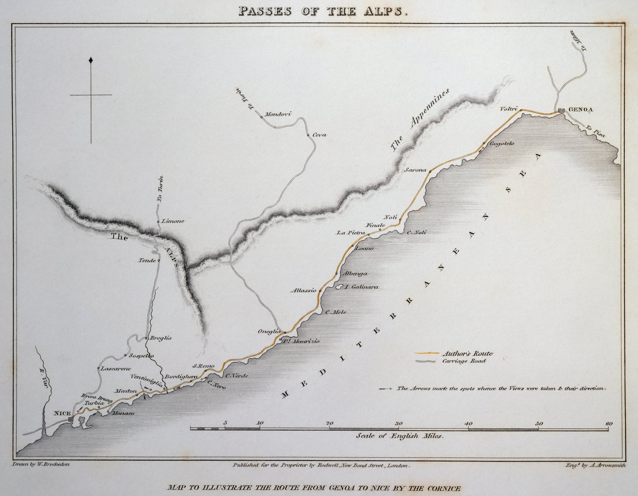 Mapa dos desfiladeiros dos Alpes Marítimos, estrada costeira entre Génova e Nice, de Ilustrações dos desfiladeiros dos Alpes através dos quais a Itália comunica com a França, Suíça e Alemanha, de William Brockedon (1787-1854), gravada em cobre, Londres de William Brockedon