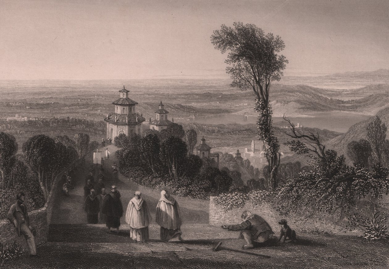 Vista do Sacro Monte (Monte Sagrado) em Varese, Lombardia, Itália, gravura em metal aço por T Willmore a partir de desenho de William Brockedon (1787-1854), ca. 23x18 cm de William Brockedon