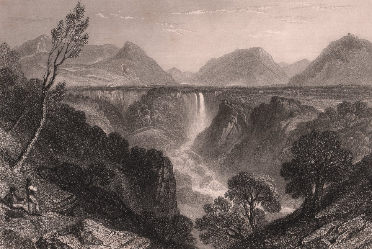 Vista das cascatas de Marmore (Cascata delle Marmore) perto de Terni, Úmbria, Itália, gravura em metal aço de James Tibbitts Willmore (1800-1863) segundo desenho de William Brockedon (1787-1854), cerca de 23x18,5 cm de William Brockedon