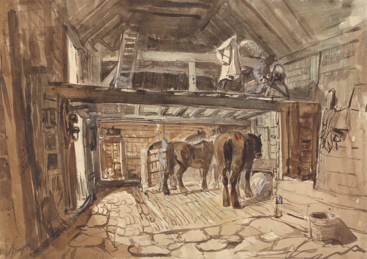 Interior de um Estábulo, com Alimentação de Cavalos de Reboque de William Burgess