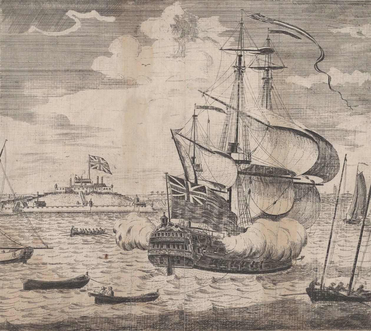 Uma Vista do Castelo William por Boston, na Nova Inglaterra, no início do século XVIII. de William Burgis.